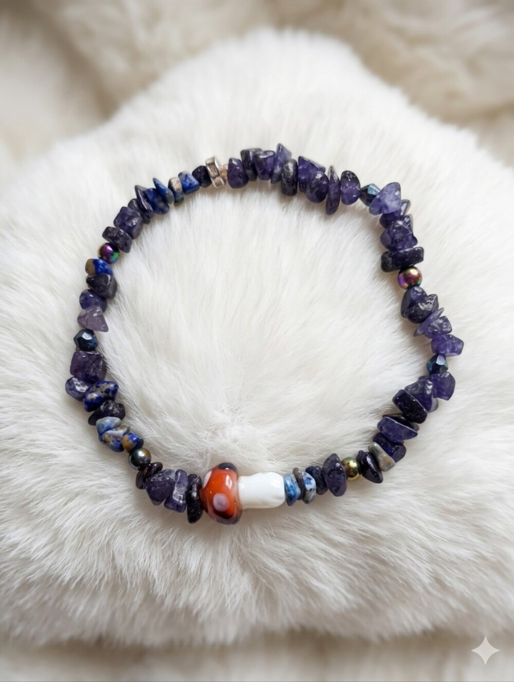 Purple Chip Bead Stretch Bracelet with Red-and-White Accent